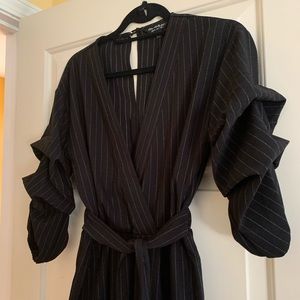 Black and White pinstripe ruched sleeve jumpsuit